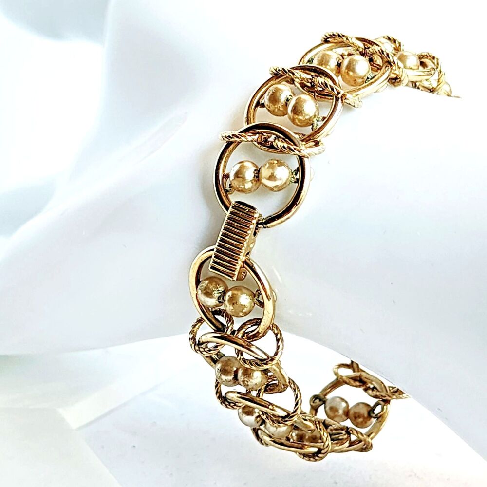 Vintage Regency Glam Bracelet Gold Tone Faux Pearl Rope Circle Links 7"